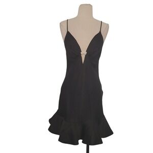 Vintage Sears Black Slip Dress Sz S Plunging Neck Beaded Bow Open Back Flare Hem